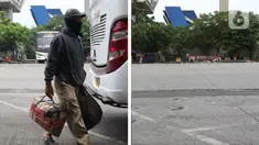 Foto kiri menggambarkan situasi Terminal Kampung Rambutan pada Senin (30/3/2020). Foto kanan menggambarkan situasi Terminal Kampung Rambutan pada Sabtu (25/4/2020). Guna memutus mata rantai penularan Covid-19, pemerintah resmi melarang mudik pada Jumat (24/4) lalu. (Liputan6.com/Helmi Fithriansyah)