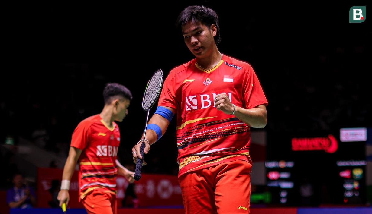 <p>Selebrasi ganda putra Indonesia, Leo Rolly Carnando/Daniel Marthin setelah meraih angka saat menghadapi pasangan Jerman, Mark Lamsfuss/Marvin Seidel pada laga babak 32 besar Daihatsu Indonesia Masters 2024 di Istora Senayan, Jakarta, Selasa (23/1/2024). Leo Rolly Carnando/Daniel Marthin menang dua game langsung 21-16, 21-17. (Bola.com/Bagaskara Lazuardi)</p>