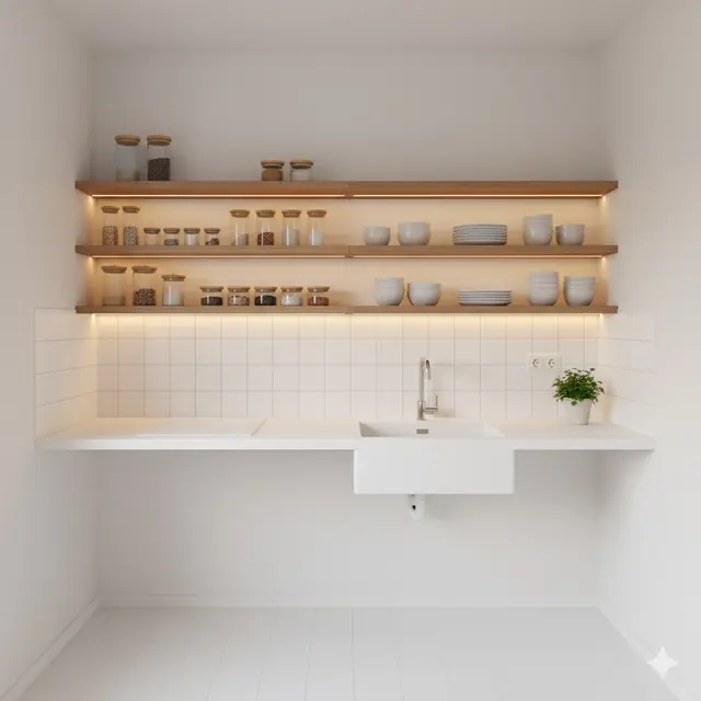 Desain Dapur Minimalis 2x3 Meter dengan Rak Kayu Gantung Ala Rustic Modern. Gemini