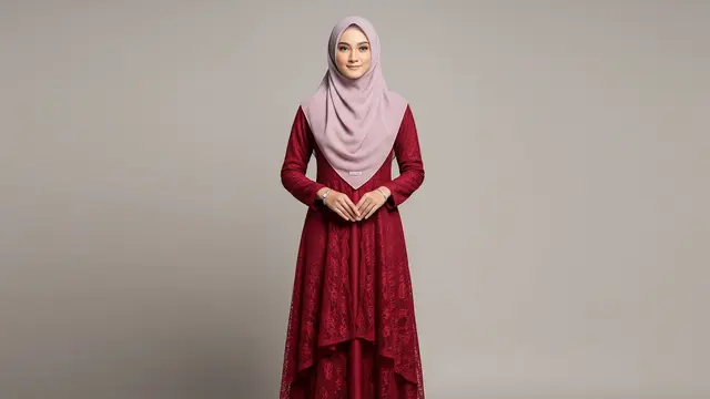 Gamis Brokat Tone-on-Tone dengan Hijab Katun Voile Simpel