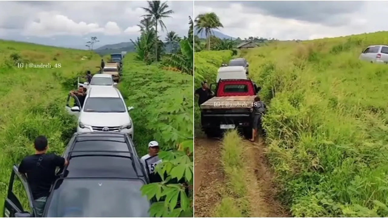 Niat Hindari Macet, Puluhan Mobil Ini Malah Terjebak Jalan Tanah di Kebun Singkong