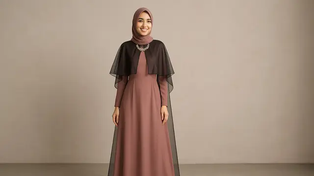 Model gamis kondangan syari yang anggun dan sederhana/ Ilustrasi gambar oleh AI