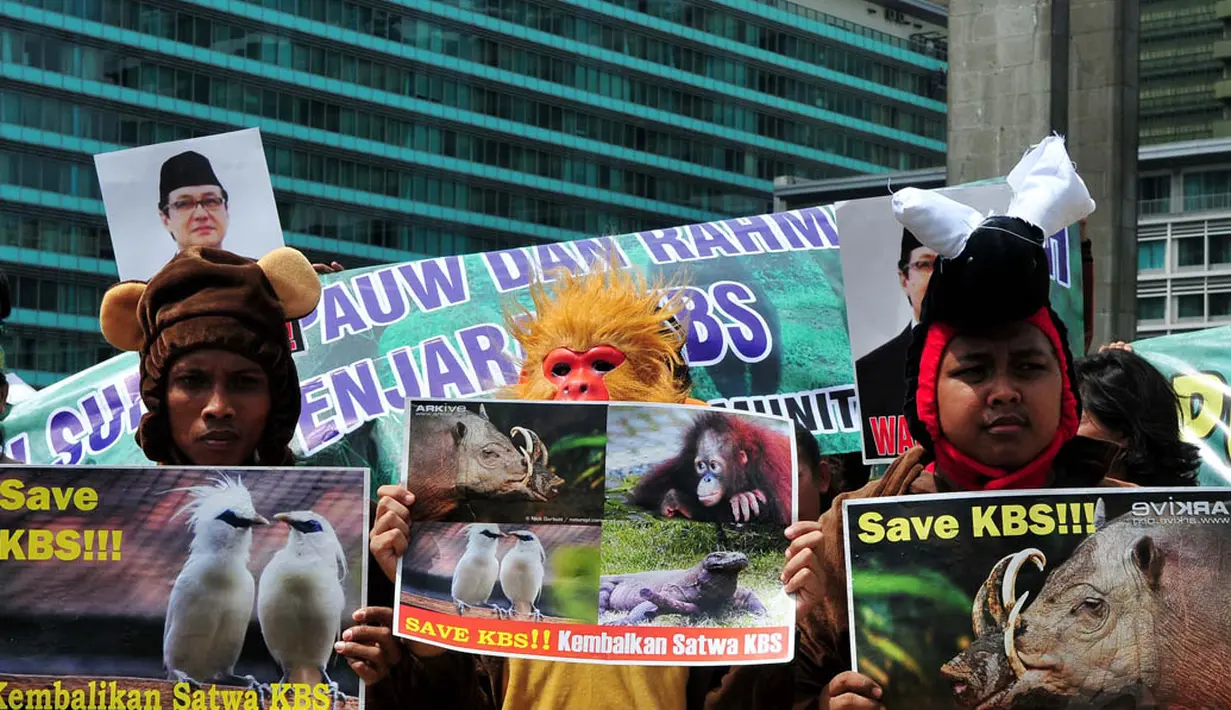 Massa memakai kostum badut-badut satwa dalam aksi di Bundaran HI, Jakarta, Senin (8/12/2014). (Liputan6.com/Johan Tallo)