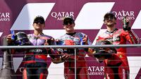 Podium Main Race MotoGP Australia 2024 di Sirkuit Phillip Island. Marc Marquez finis pertama, disusul Jorge Martin dan Pecco Bagnaia di urutan 2-3. (Andreas SOLARO / AFP)