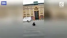 Angin kencang terjadi di Belanda, sehingga membuat para pejalan kaki terhempas