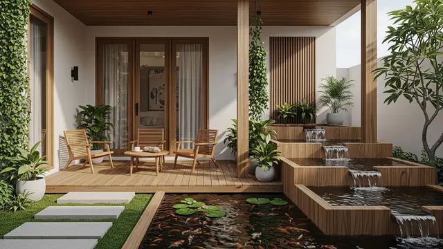 Teras Kampung Minimalis 3x4 dengan Kolam Ikan Bertingkat