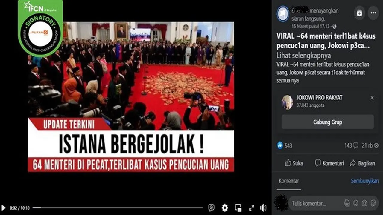 Gambar Tangkapan Layar Kabar Hoaks 64 Menteri Kabinet Presiden Jokowi Terlibat Kasus Pencucian Uang (sumber: Facebook).