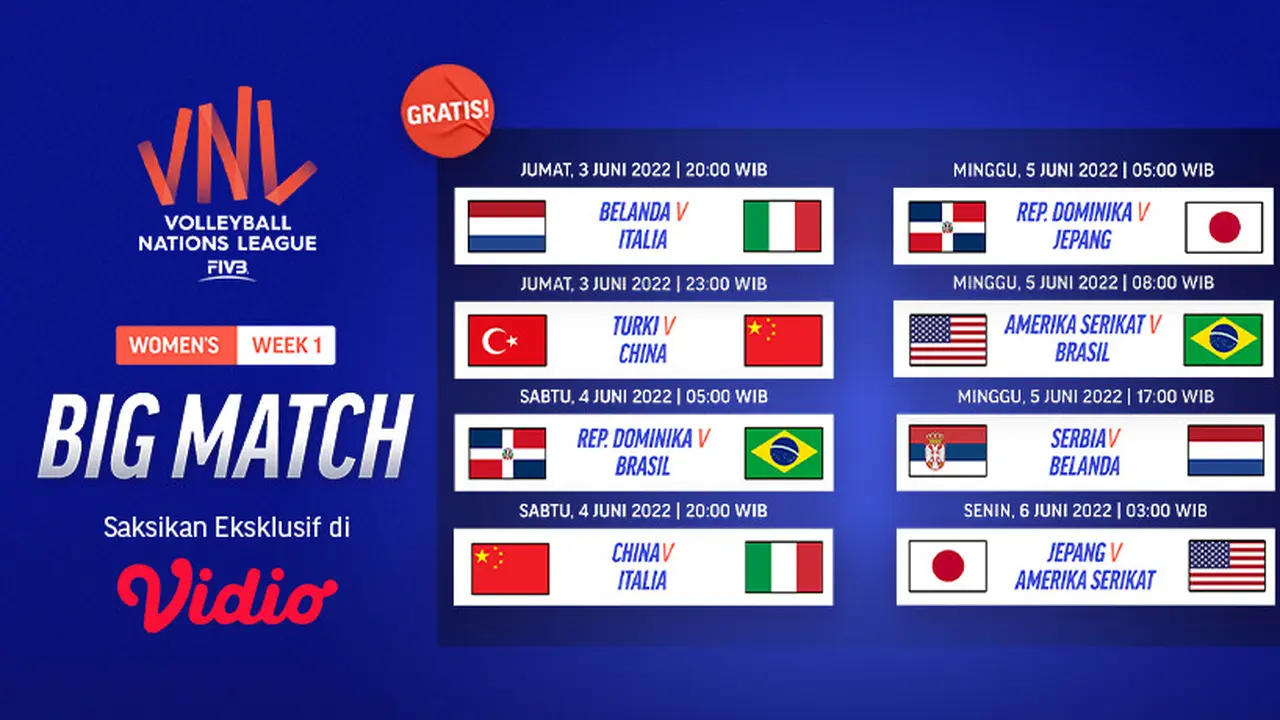 Saksikan Live Streaming VNL 2022 Putri Pekan Perdana di Vidio, 3-6 Juni 2022