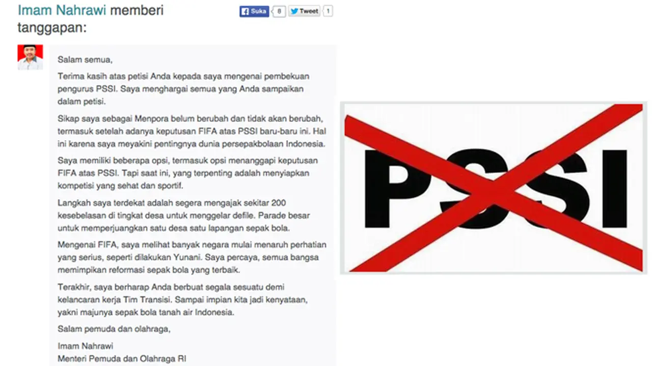 Tanggapan Menpora Imam Nahrawi Soal Petisi #BekukanPSSI