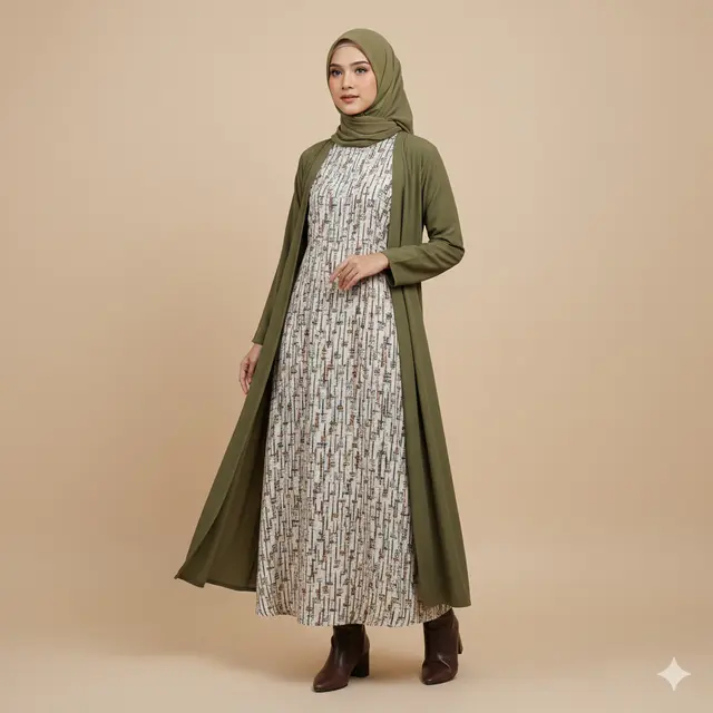 Model Gamis Batik Kombinasi Polos Warna Olive Cocok untuk Lamaran Sederhana. Gemini