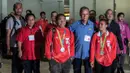 Kedatangan peraih medali perak Olimpiade 2016 Rio de Janeiro, Eko Yuli dan  Sri Wahyuni disambut oleh Pengurus Besar PABBSI. (Bola.com/Vitalis Yogi Trisna)