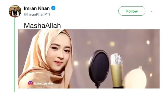 Perdana Menteri Pakistan Imran Khan mengunggah video Nissa Sabyan di Twitter.
