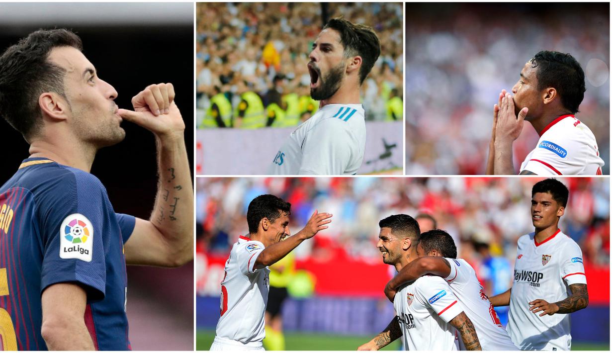 Berikut ini tujuh selebrasi terbaik yang menghiasi laga La Liga Spanyol 2017/2018 pekan ke-7. Mulai dari selebrasi hisapan jempol Sergio Busquets hingga selebrasi emosional Isco. (Kolase Foto-foto dari AP dan AFP)