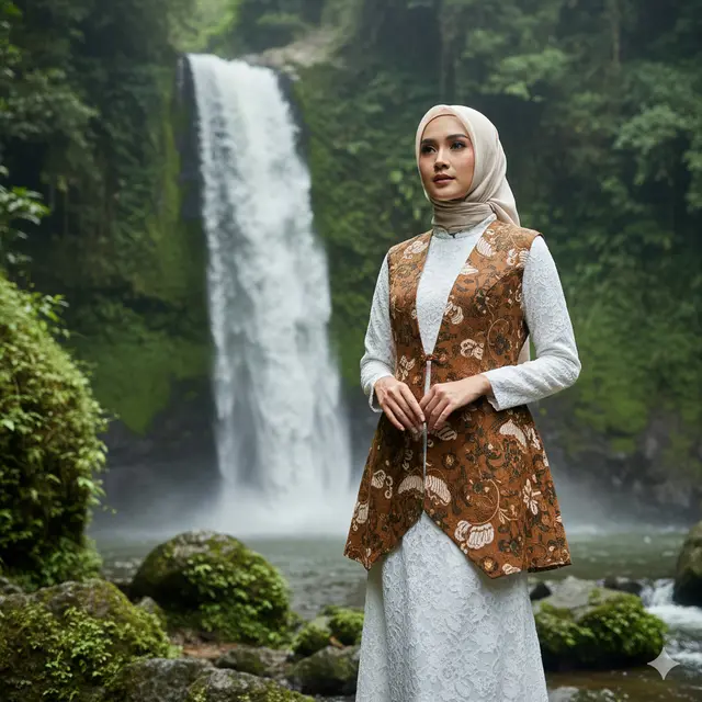Gamis Putih Brokat Aksen Batik Coklat Earthy Tone