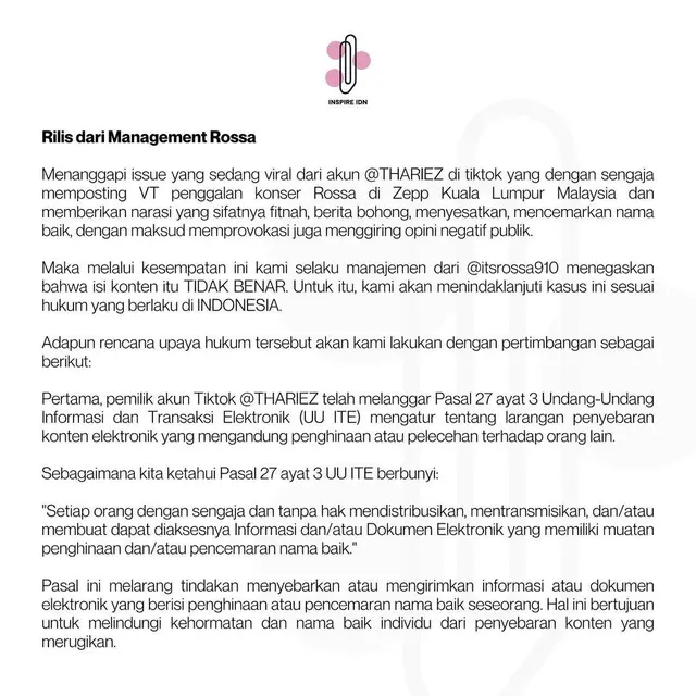 Klarifikasi manajemen Rossa terkait video viral sang diva dengan narasi cuek terhadap Betrand Peto saat konser di Malaysia. (Foto: Dok. Instagram @bacil512)