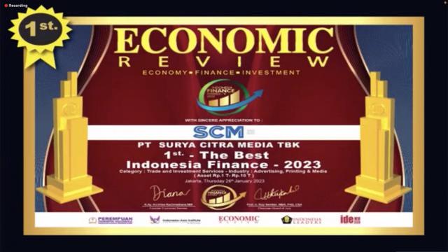 PT Surya Citra Media Tbk (SCMA) menerima penghargaan dari Economic Review pada Kamis, (26/1/2023). (Foto: tangkapan layar/Pipit I.R)