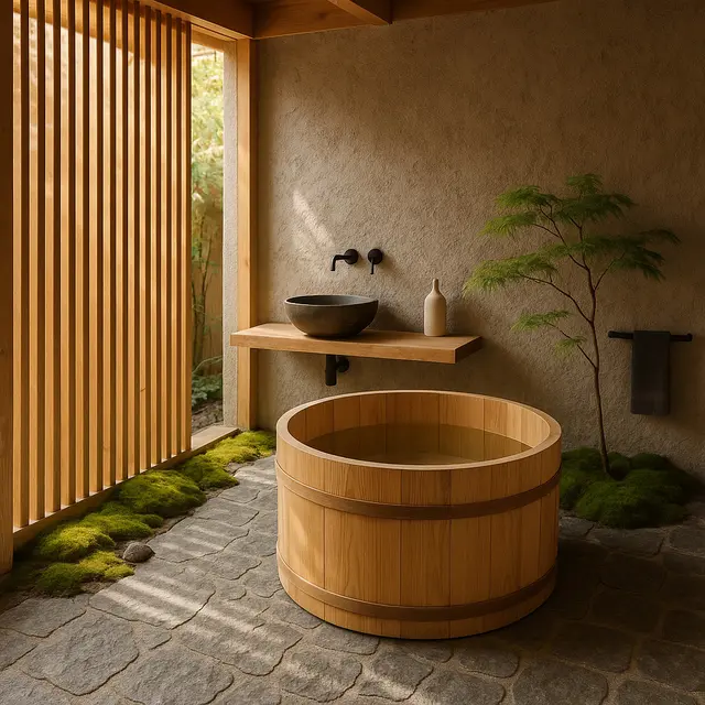 Inspirasi Kamar Mandi Semi Outdoor Bergaya Jepang (Image by ChatGPT)