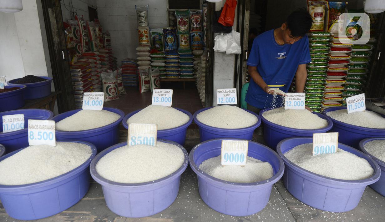 Pedagang memeriksa beras yang dijual di pinggir Jalan Raya Pamulang, Tangerang Selatan, Banten, Jumat (11/12/2020). Jelang Natal dan Tahun Baru 2021, harga beras dipasaran masih normal tidak ada kenaikan. (merdeka.com/Dwi Narwoko)