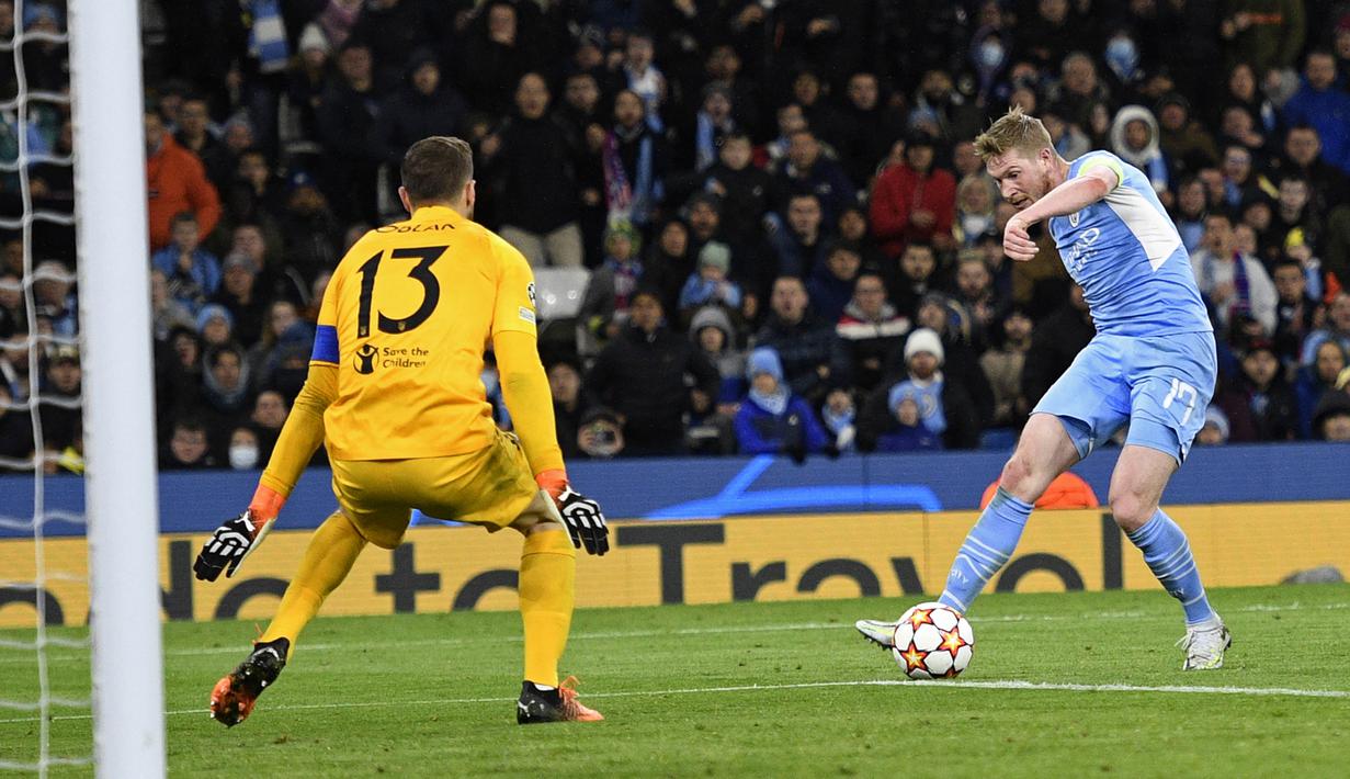 Kevin De Bruyne. Di leg pertama perempatfinal, Man City menjamu Atletico Madrid, 5 April 2022. Dalam laga yang berakhir 1-0 untuk kemenangan Man City, Kevin De Bruyne sebagai pencetak gol tunggal terpilih menjadi Man of The Match. (AFP/Oli Scarff)