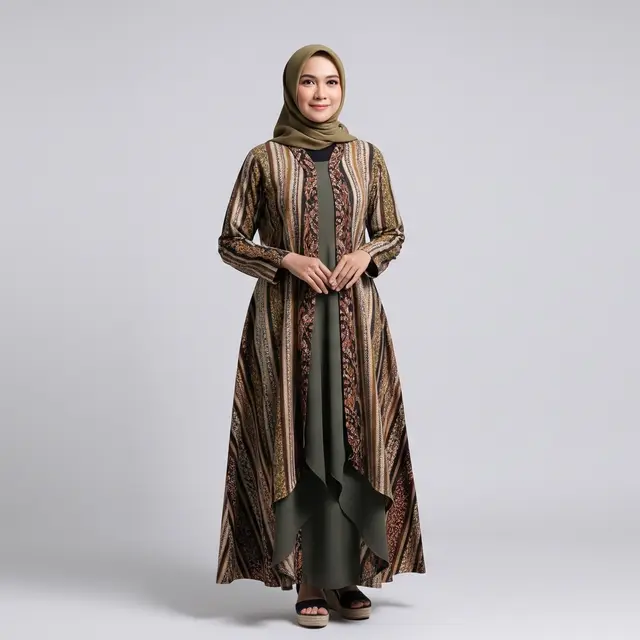 Baju Gamis Bahan Lurik dengan Desain Elegan yang Cocok untuk Hadiah Ulang Tahun Ibu Model Layer Depan
