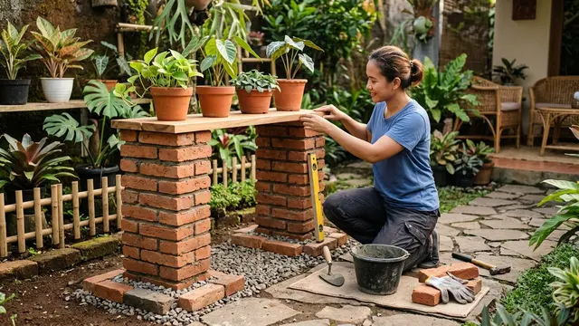 Cara Membuat Rak Tanaman dari Susunan Batu Bata agar Tidak Mudah Roboh (AI Generated)