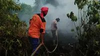 Petugas berjibaku memadamkan kebakaran lahan agar tak menimbulkan bencana kabut asap. (Liputan6.com/M Syukur)