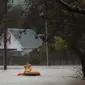 Warga menggunakan perahu kecil melintasi banjir di Christchurch, Selandia Baru, Sabtu, (22/7). Dewan Kota Christchurch mengatakan keadaan darurat setelah Sungai Heathcote meluap akibat cuaca yan buruk. (AP Photo / Mark Baker)