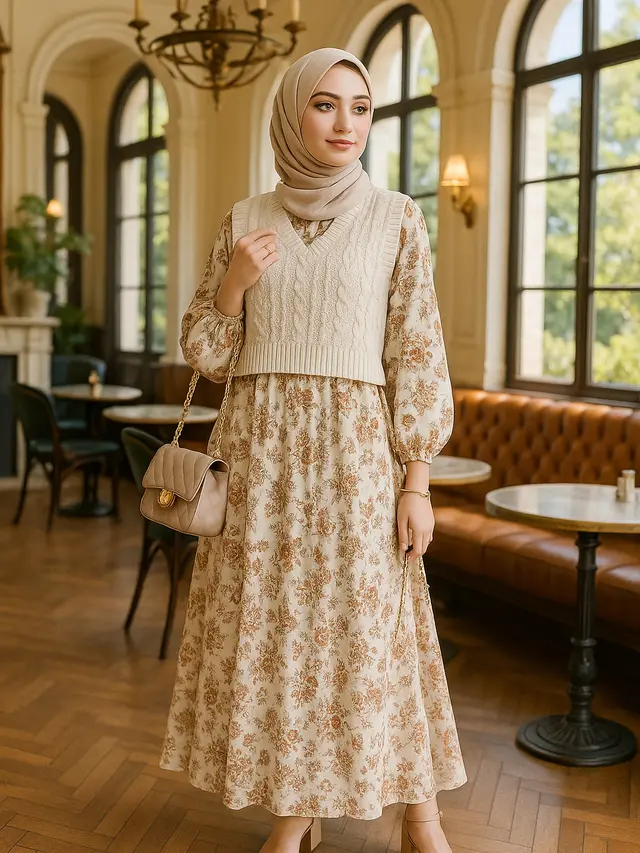 Model Gamis dengan Rompi Rajut