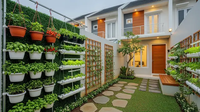 Model Desain Halaman Belakang Rumah Kecil dengan Pot Gantung Sayur dan Tanaman Rempah/ Ilustrasi AI