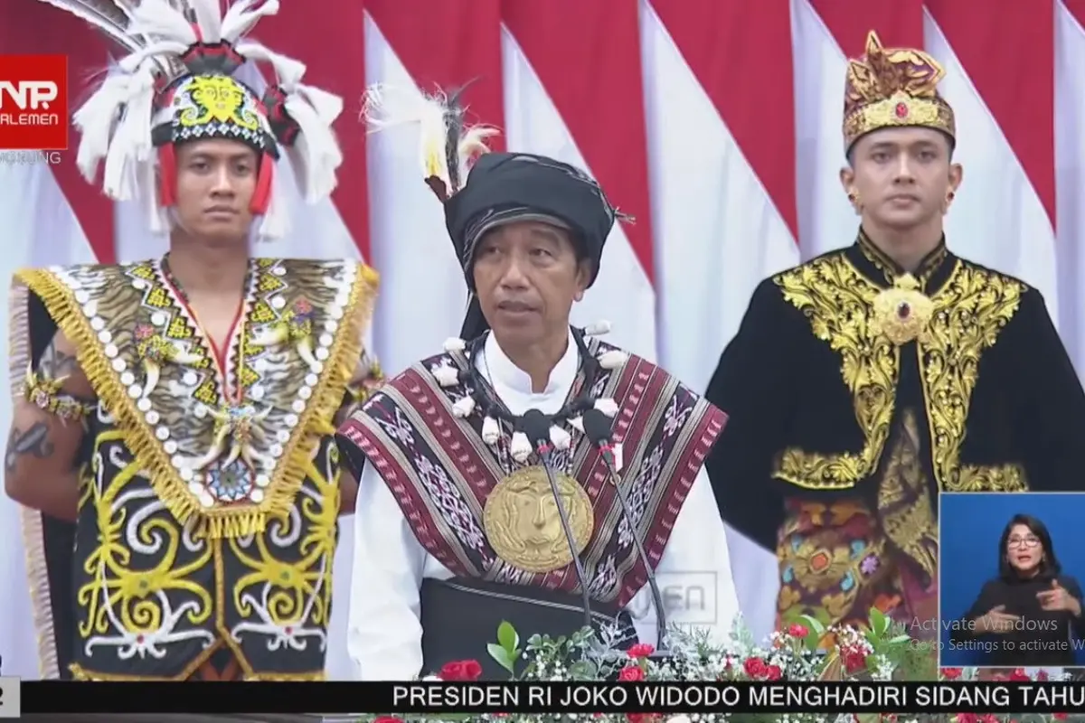 Presiden RI Joko Widodo atau Jokowi saat berpidato dalam Sidang Tahunan MPR RI, Sidang Bersama DPR RI - DPD RI pada Rabu, 16 Agustus 2023. (Photo dok. Youtube DPR RI)