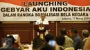 Menteri Pertahanan, Ryamizard Ryacudu memberikan sambutan saat peluncuran Gebyar Aku Indonesia di Jakarta, Kamis (17/3/2016). Gebyar Aku Indonesia ini ditujukan untuk mensosialisasikan kesadaran bela negara di kalangan muda. (Liputan6.com/Faizal Fanani)