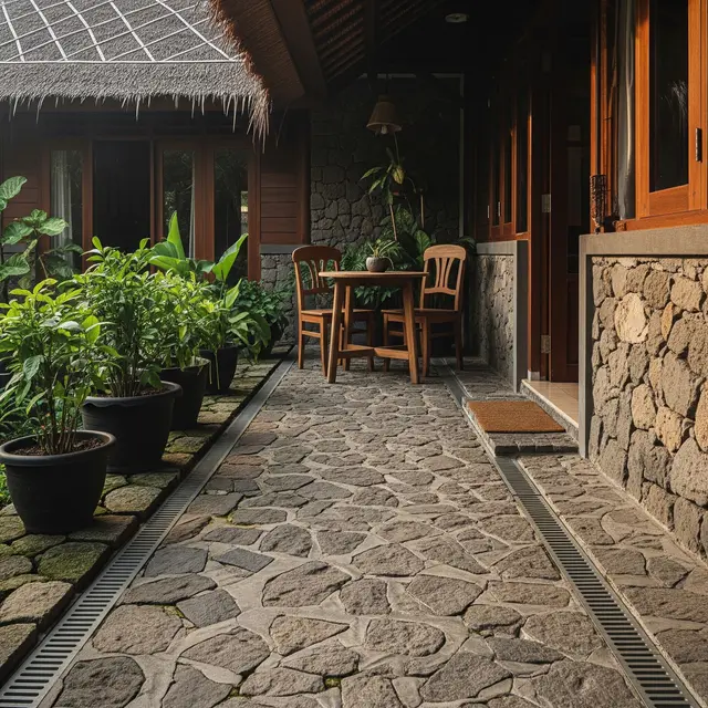 9 Desain Teras dengan Drainase Tersembunyi dan Batu Alam, Estetik Bebas Genangan