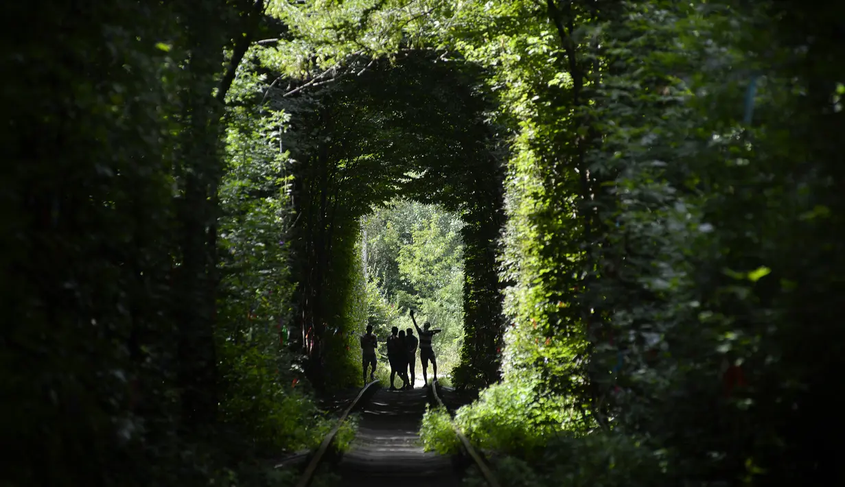 Orang-orang berjalan di sepanjang bekas rel kereta api atau disebut 'Tunnel of Love' yang dikelilingi pohon dekat desa Ukraina Klevan, Rivno, (6/8). Terowongan cinta yang panjangnya sekitar lima km adalah fenomena botani. (AFP Photo/Sergei Supinsky)