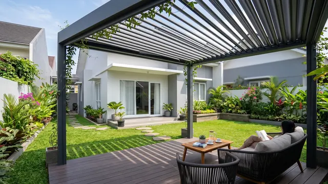 Ide Halaman Belakang dengan Pergola dan Taman Mini