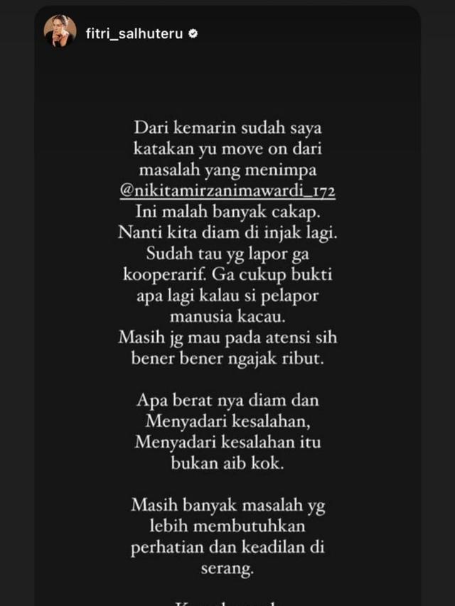 Unggahan Fitri Salhuteru soal kasus Nikita Mirzani versus Dito Mahendra. (Foto: Dok. Instagram @fitri_salhuteru)