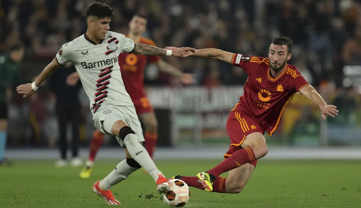 Kemenangan 2-0 ini bakal jadi modal berharga bagi Leverkusen ketika bergantian meladeni Roma di Jerman dalam duel leg kedua pekan depan. (Alfredo Falcone/LaPresse via AP)
