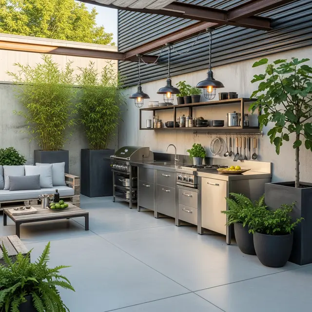 Desain Halaman Belakang Rumah Kecil Sederhana dengan Dapur