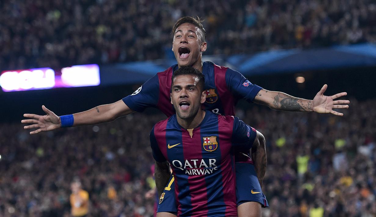Neymar Junior saat melakukan selebrasi usai mencetak gol ke gawang PSG dalam pertandingan Liga Champions di Stadion Camp Nou, Barcelona pada 21 April 2015. (AFP/Josep Lago)