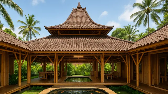 Model Rumah Bambu Gaya Bali Dengan Kolam Ikan/Ilustrasi gambar AI
