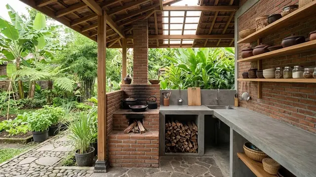 Dapur Semi-Terbuka dengan Tungku Menghadap Halaman