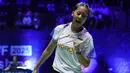Putri Kusuma Wardani dari Indonesia bereaksi saat bertanding melawan Tomoka Miyazaki dari Jepang dalam pertandingan putaran ketiga tunggal putri Kejuaraan Dunia Bulutangkis, Kamis, 28 Agustus 2025 di Paris, Prancis. (AP Photo/Aurelien Morissard)