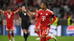 Pemain Bayern Munchen, Michael Olise, merayakan gol ke gawang Bodo/Glimt dalam laga matchday pertama Liga Champions 2026/2027, Jumat (11/9/2026) dini hari WIB. (AP Photo/Lennart Preiss)