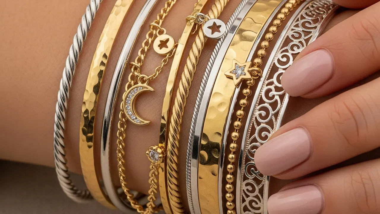 Model Gelang Stacking Mix Metal Emas dan Perak