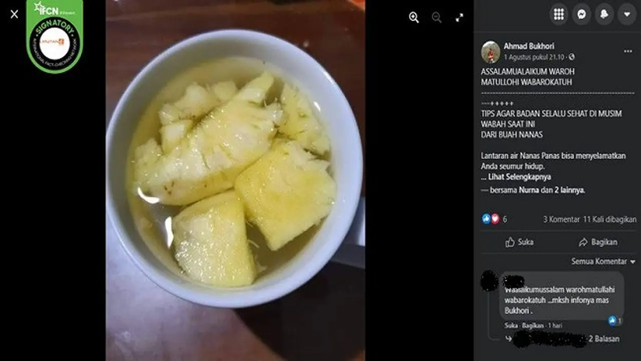 Gambar Tangkapan Layar Klaim tentang Air Rebusan Nanas Bisa Membunuh Sel Kanker (sumber: Facebook).