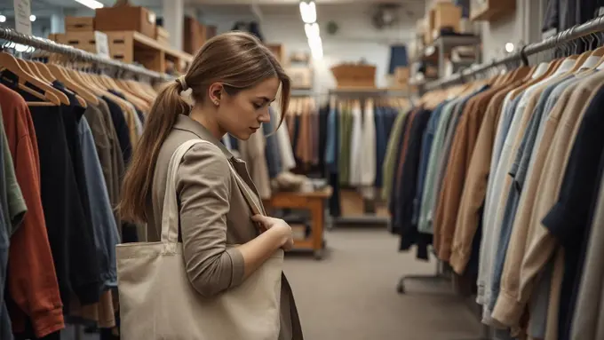 Ilustrasi wanita muda berbelanja di toko barang bekas, dengan hati-hati memeriksa jaket bekas. Membeli baju bekas atau sering disebut thrift bisa menjadi salah satu contoh penerapan hidup frugal Living. (Foto by AI)