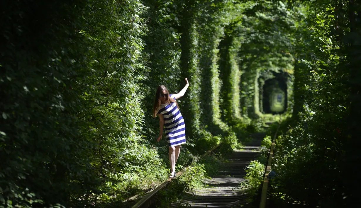 <p>Seorang gadis berjalan di sepanjang bekas rel kereta api atau disebut 'Tunnel of Love' yang dikelilingi pohon dekat desa Ukraina Klevan, Rivno, (6/8). Terowongan cinta yang panjangnya sekitar lima km adalah fenomena botani. (AFP Photo/Sergei Supinsky)</p>