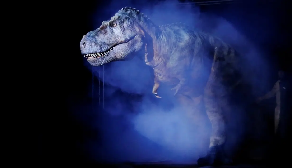 Perusahaan On-Art Corp memperkenalkan robot dinosaurus di aula pertemuan sebuah hotel di Tokyo, Jepang, Kamis (10/11). Robot TRX03 ini didesain mirip seperti aslinya, mulai kontur kulit, gerak jalan hingga amukan hewan purba tersebut. (REUTERS/Toru Hanai)