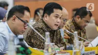 Menteri BUMN Erick Thohir (kedua kiri) saat mengikuti rapat kerja dengan Komisi VI DPR RI di Kompleks Parlemen, Senayan, Jakarta, Kamis (31/8/2023). (Liputan6.com/Faizal Fanani)