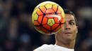 Bintang Real Madrid, Cristiano Ronaldo, berusaha mengontrol bola menggunakan kepala pada laga La Liga Spanyol melawan Deportivo. CR7 berhasil membukukan dua buah umpan berbuah gol. (AFP/Gerard Julien)