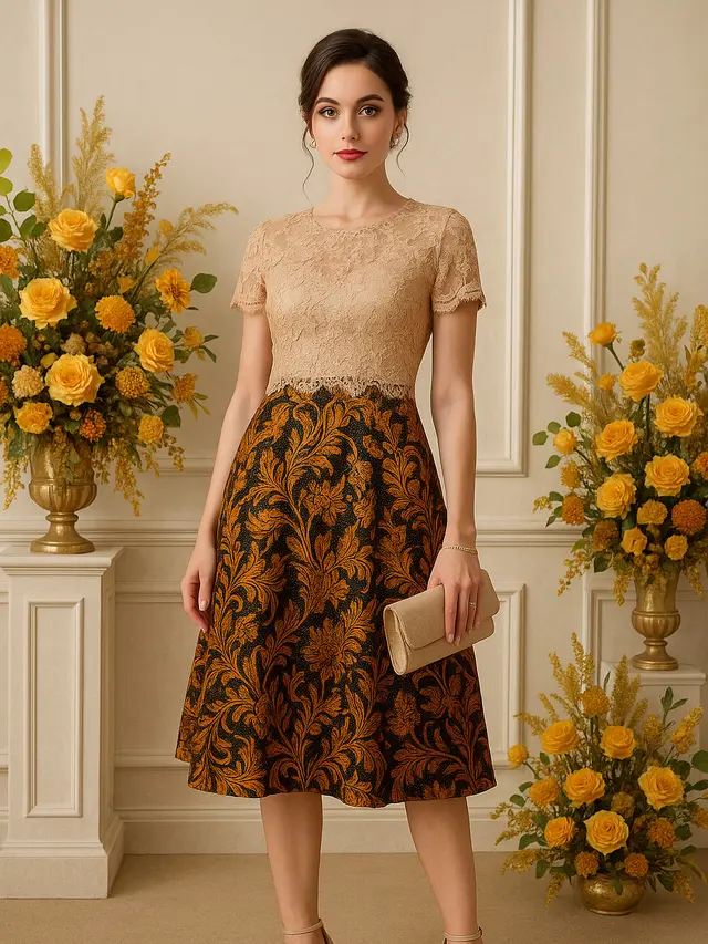 Model Dress Batik Kombinasi Brokat Lengan Pendek